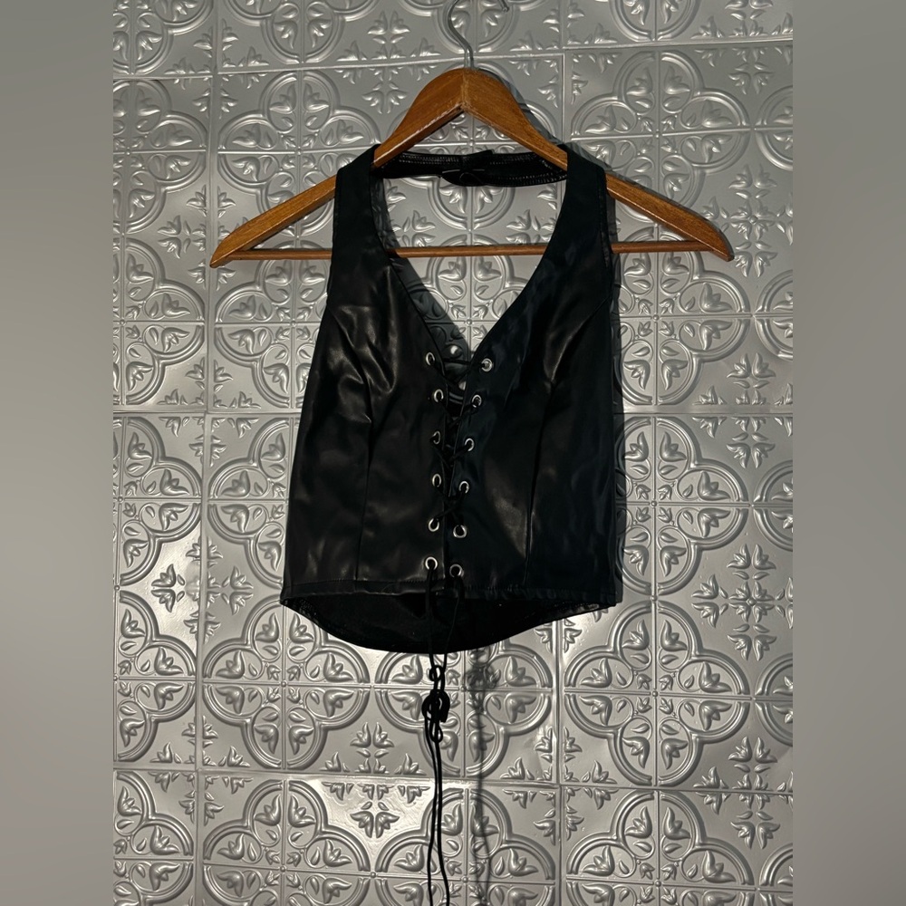 Sexy faux leather lace-up halter top biker goth Emo